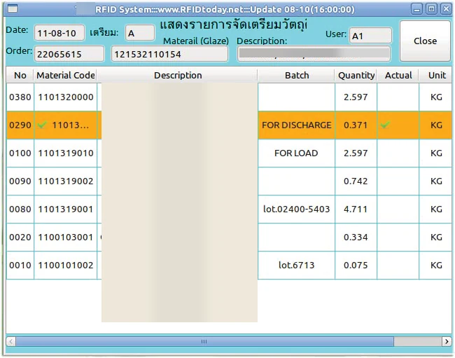 หน้าจอแสดงรายการจัดเตรียมวัตถุดิบทีละบรรทัด บรรทัดที่กำลังทำถูกไฮไลต์สีส้ม และบรรทัดที่ชั่งผ่านแล้วขึ้นเครื่องหมายถูกสีเขียว