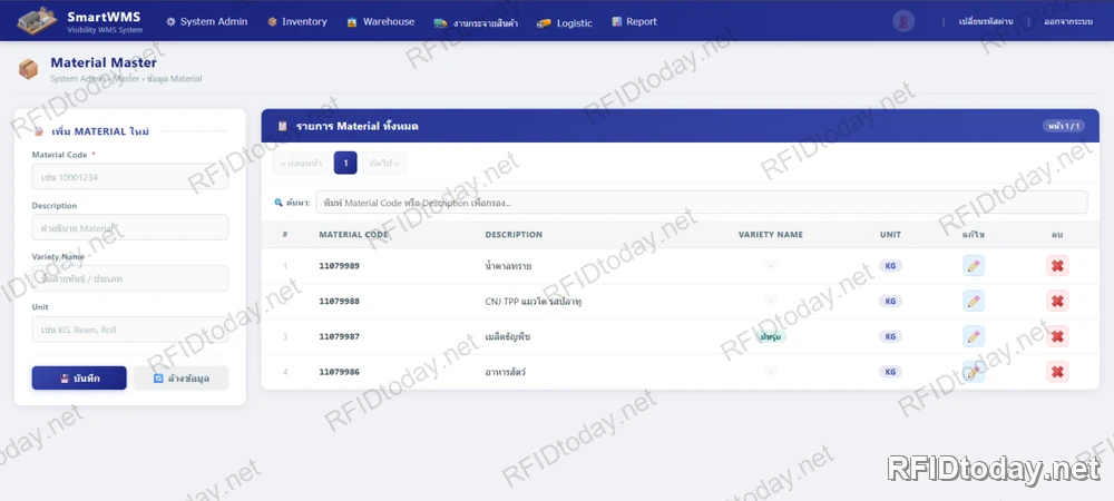 หน้าจอ Material Master ของ SmartWMS แสดงฟอร์มเพิ่มข้อมูลสินค้าและตารางรายการสินค้าพร้อมรหัส คำอธิบาย สายพันธุ์ และหน่วยนับ