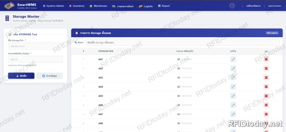 หน้าจอ Storage Master ของ SmartWMS สำหรับกำหนดช่องจัดเก็บ โซนห้องเย็น และความจุสูงสุดต่อช่องเป็นจำนวนพาเลท