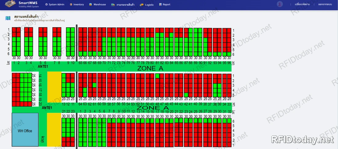 หน้าจอแผนผังสถานะคลังสินค้าห้องเย็น แสดงช่องจัดเก็บทั้งห้องเป็นตารางสีเขียวและสีแดง แยกเป็นโซน A และโซน B พร้อมแถบสรุปด้านบน
