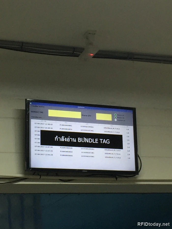 จอแสดงผลที่ติดเหนือปากลิฟท์ แสดงข้อความกำลังอ่าน Bundle Tag พร้อมตารางรายการที่อ่านได้ ระบุวันเวลา หมายเลขแท็ก รหัสสินค้า ขนาด และจำนวน และไฟสถานะเครื่องอ่านทางขวา