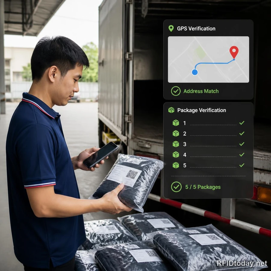 ภาพจำลองพนักงานขับรถสแกน QR ที่แพ็คผ้าท้ายรถ พร้อมแผงแสดงผลการตรวจพิกัด GPS และรายการแพ็คที่สแกนครบแล้ว