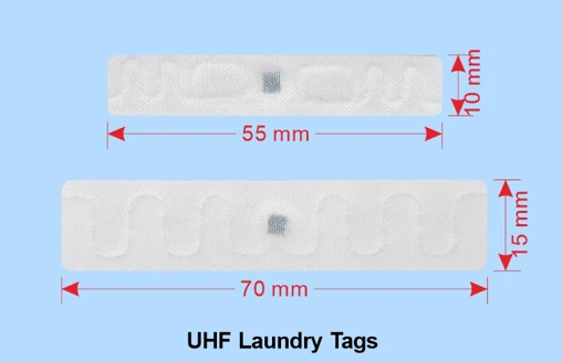 UHF Laundry Tag แบบผ้าเย็บติด สองขนาด 55 คูณ 10 มิลลิเมตร และ 70 คูณ 15 มิลลิเมตร