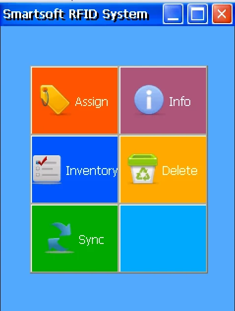 หน้าเมนูหลักของโปรแกรมบนเครื่องมือถือ RFID มีปุ่ม Assign, Info, Inventory, Delete และ Sync