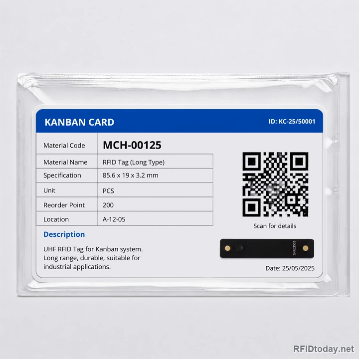 ตัวอย่างการ์ด Kanban ในซองพลาสติกใส โดยมี RFID Tag ชนิดติดโลหะสอดอยู่ในซองเดียวกันกับแผ่นการ์ด พร้อม QR Code บนการ์ด