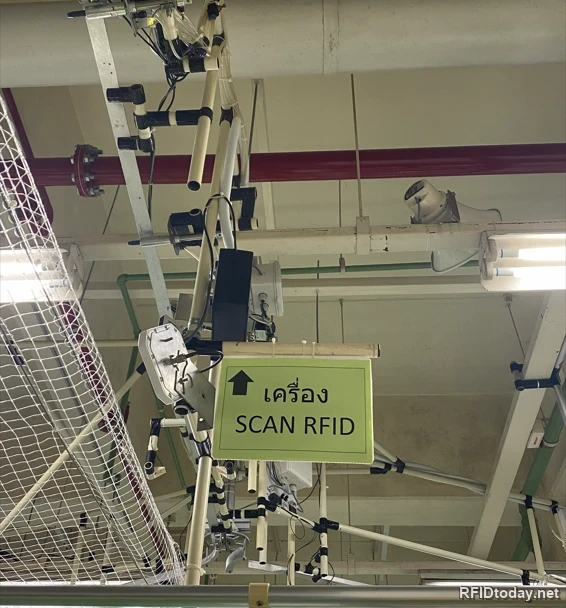 จุดสแกน RFID ที่ติดตั้งเหนือทางเดินในโรงงาน มีเสาอากาศและตู้ควบคุมยึดกับโครงท่อ พร้อมป้ายลูกศรชี้ขึ้นเขียนว่าเครื่อง SCAN RFID